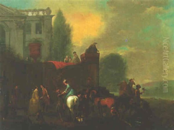 A Hawking Party Returning To A Country Mansion Oil Painting by Carel van Falens or Valens
