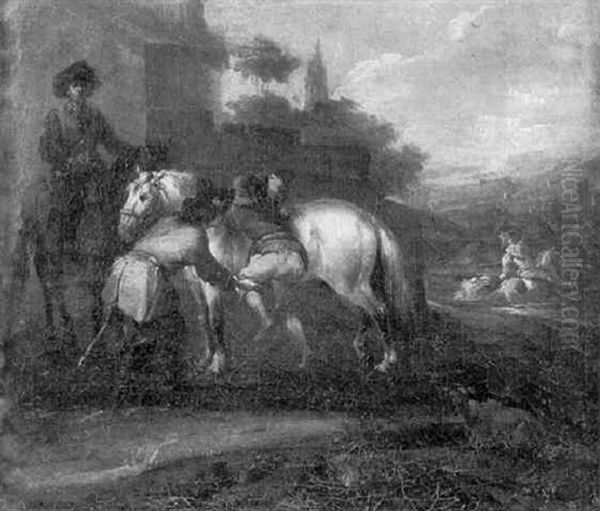 Reitergruppe Vor Der Stadt Oil Painting by Carel van Falens or Valens