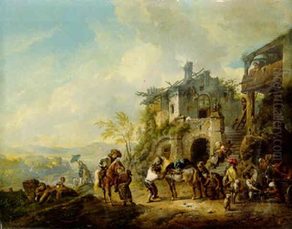 Gentlemen Having Their Mounts Reshoed At A Blacksmith's, By A Homestead Above A Valley Oil Painting by Carel van Falens or Valens