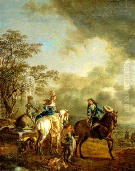 Depart Pour La Chasse Au Faucon Pres D'une Fontaine Oil Painting by Carel van Falens or Valens