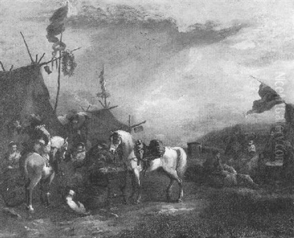 Horsemen Halted Beside A Tent, With Figures Resting Oil Painting by Carel van Falens or Valens