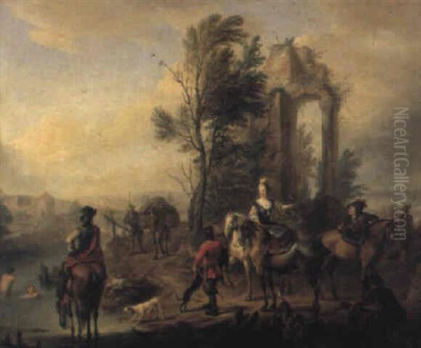 Le Depart Pour La Chasse Au Faucon Oil Painting by Carel van Falens or Valens