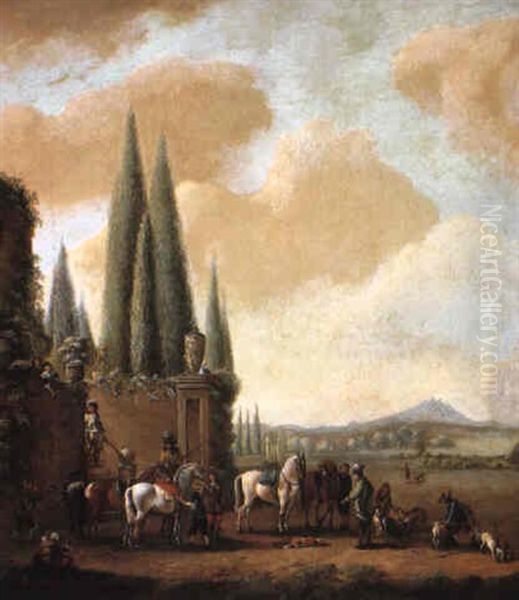 A Hunting Party Preparing For The Chase On The Borders Of An Estate Oil Painting by Carel van Falens or Valens