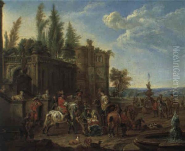 Rastende Jagdgesellschaft Vor Einem Schlos Oil Painting by Carel van Falens or Valens