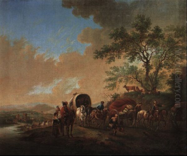 A Trail Of Wagons And Carts On A Riverside Path With A Woman And Child Oil Painting by Carel van Falens or Valens