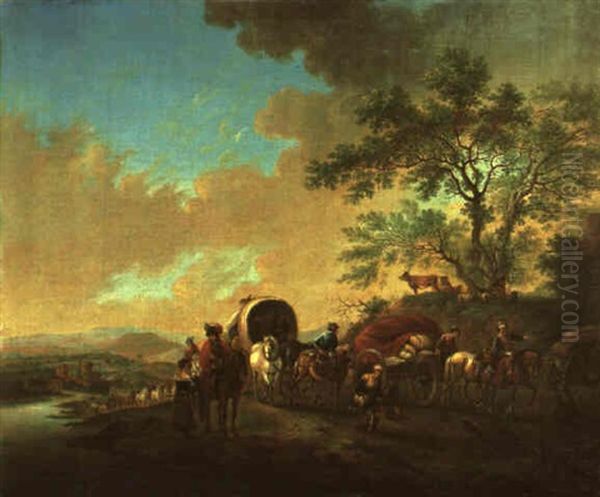 Trail Of Wagons And Carts On A Riverside Path Oil Painting by Carel van Falens or Valens