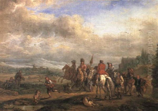 A Hawking Party  A Hunting Party At Rest Oil Painting by Carel van Falens or Valens