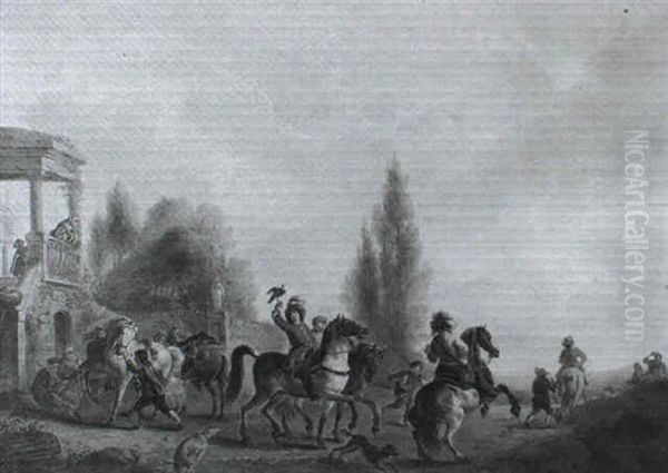 A Hawking Party Departing From A Villa Oil Painting by Carel van Falens or Valens