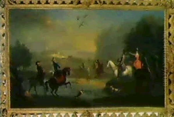 Eine Vornehme Jagdgesellschaft Auf Der Reiherbeize Oil Painting by Carel van Falens or Valens
