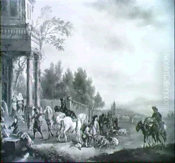 Jagdgesellschaft Vor Dem Schloss Oil Painting by Carel van Falens or Valens
