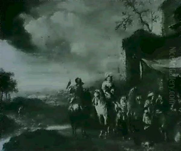 A Hawking Party Halted By An Inn Oil Painting by Carel van Falens or Valens