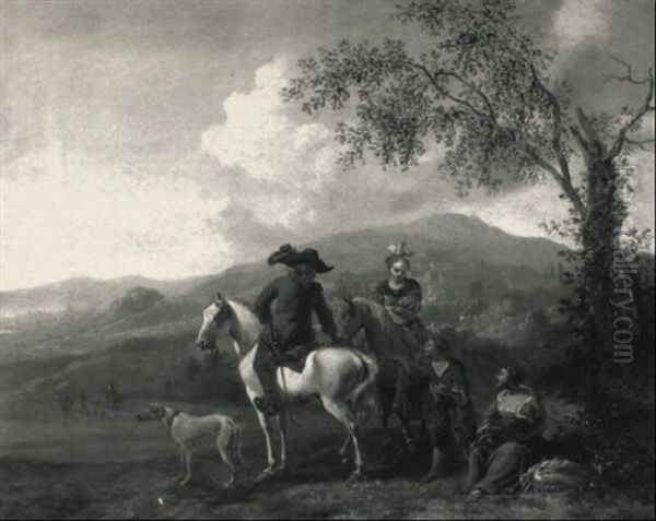 A Cavalier And His Lady Out Riding Oil Painting by Carel van Falens or Valens