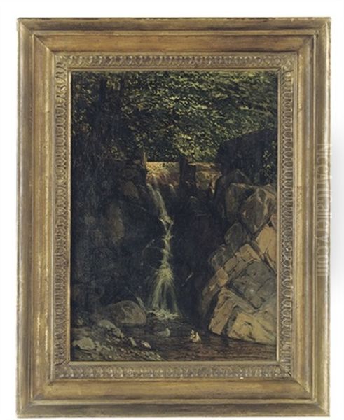 A Waterfall Illuminated By Sunlight Oil Painting by Constant Famin