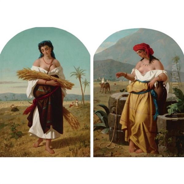 A Young Hay Gatherer (+ A Water Carrier By The Fountain; Pair) Oil Painting by Enrico Fanfani
