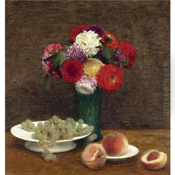 Nature Morte: Dahlias, Raisins Et Peches Oil Painting by Henri Fantin-Latour