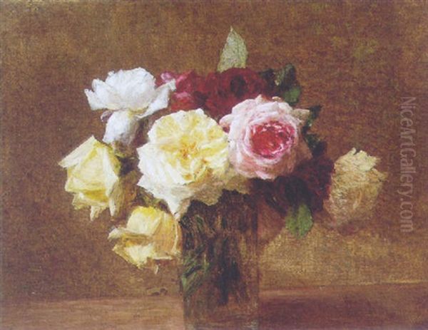 A Bouquet Of Roses In A Glass Oil Painting by Victoria Dubourg