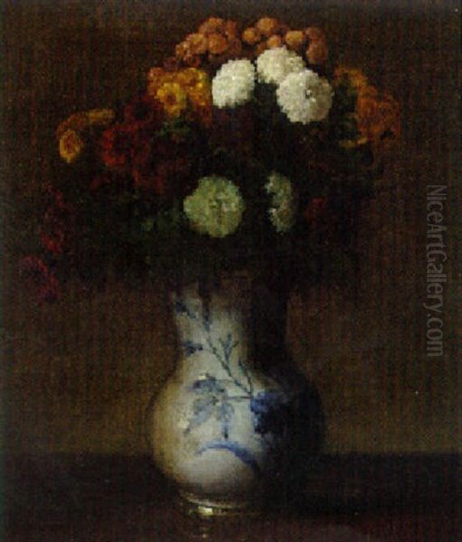 Summer Flowers In A Blue And White Vase Oil Painting by Victoria Dubourg
