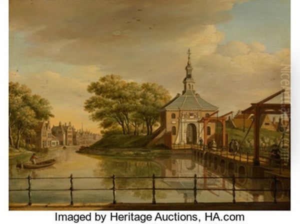 View Of The Zijlpoort, Leiden; View Of The Witte Poort, Leiden, 1773 (a Pair) Oil Painting by Paulus Constantin La Fargue