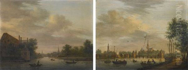 View Of An Amsterdam Canal Near The Timber Yards, With Figures In Boats, A Pavilion On The Bank; View Of A Canal With A Drawbridge, With Figures In Boats And On The Bank, A Church Beyond Oil Painting by Paulus Constantin La Fargue