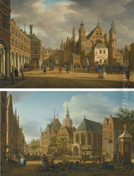 The Hague, A View Of The Binnenhof Looking North With The Ridderzaal (+ The Hague, A View Of The Groenmarkt Near The Westeinde Looking West; Pair) Oil Painting by Paulus Constantin La Fargue