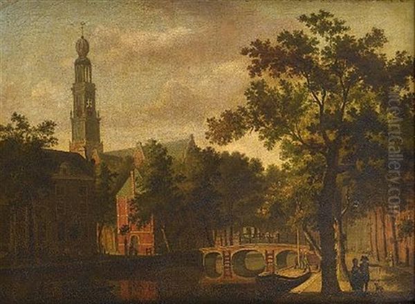 The Westerkerk, Amsterdam, With Figures On A Canal Path With A Horsedrawn Carriage Crossing A Bridge Beyond Oil Painting by Paulus Constantin La Fargue