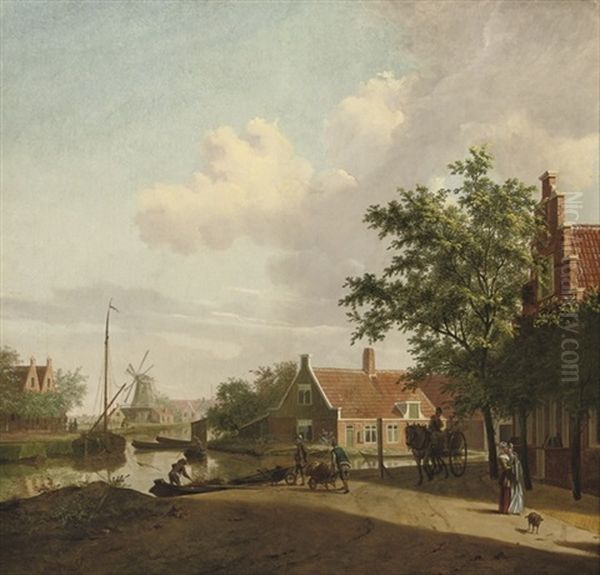 A Town With Figures Working And Conversing Along A River, A Windmill Beyond Oil Painting by Paulus Constantin La Fargue
