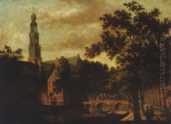 The Westerkerk, Amsterdam, With Figures On A Canal Path With A Horse-drawn Carriage Crossing A Bridge Beyond Oil Painting by Paulus Constantin La Fargue
