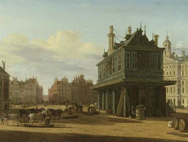 The Dam And The Town Hall, Amsterdam, With Horses And Sledges By The Waag Oil Painting by Paulus Constantin La Fargue