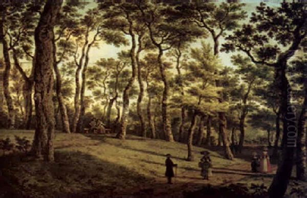 Figures Strolling In A Wooded Landscape Oil Painting by Paulus Constantin La Fargue