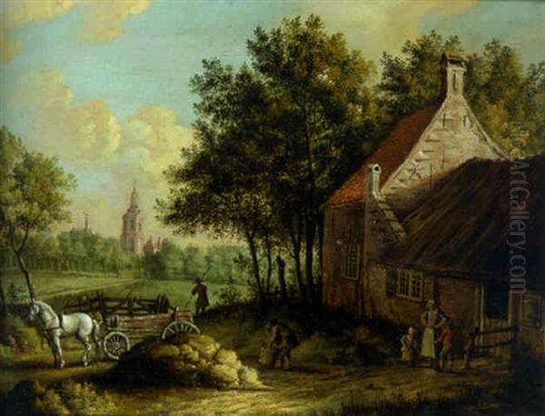 Peasants Loading Hay Onto A Wagon By A Farm, A Village Beyond Oil Painting by Paulus Constantin La Fargue