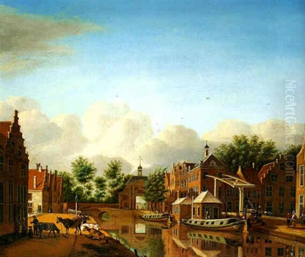 A View Of The Korte Mare, Leyden, From The South With Townsfolk Waiting For The Haarlem Ferry Near The Inn 'de Goude Molen', The Marepoort Beyond Oil Painting by Paulus Constantin La Fargue