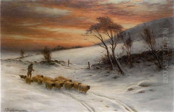 When Day Expiring In The West, The Shepherd Tends To His Flock Oil Painting by Joseph Farquharson