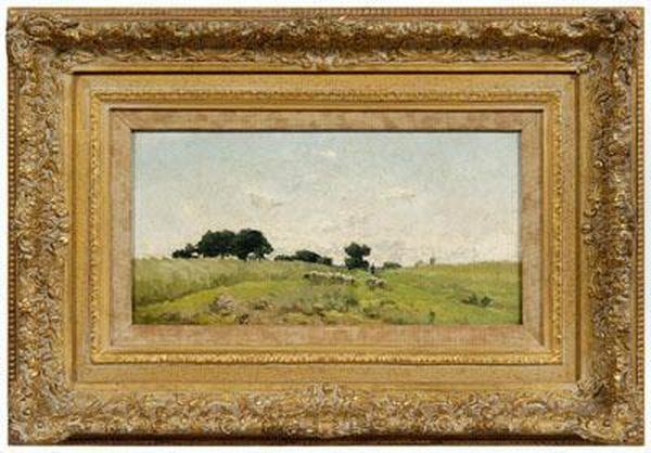 Pastoral Landscape With Sheep, Figure And Distant Windmill Oil Painting by Alphonse Asselbergs