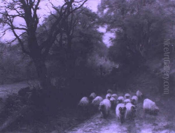 Shepherd Driving Sheep On A Woodland Lane Oil Painting by Joseph Farquharson
