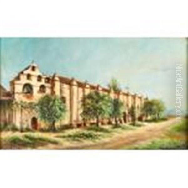 Pepper Trees Before San Gabriel Mission, Ca Oil Painting by Ellen Frances Farr