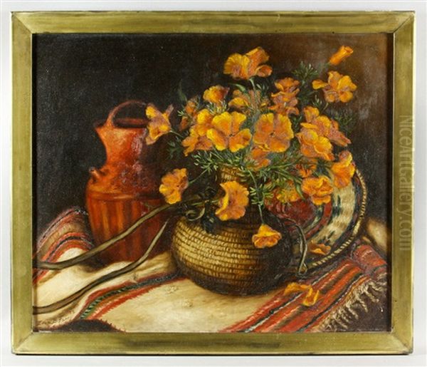 Poppies In American Indian Basket With Urn And Blanket Oil Painting by Ellen Frances Farr