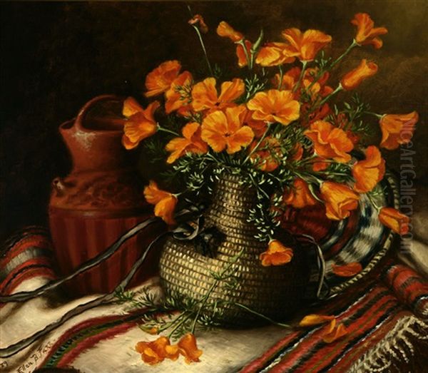 Still Life With California Poppies, Indian Baskets, Pottery And Blanket Oil Painting by Ellen Frances Farr