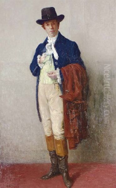 Portrait Of A Gentleman In A Striped Vest, Riding Boots And Hat Oil Painting by Henri Farre