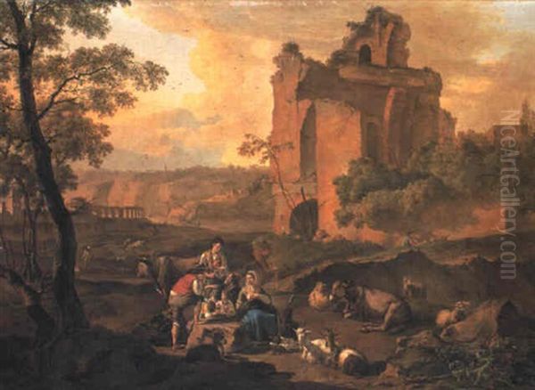 Italianate Landscape With Peasants Resting By Classical Ruins Oil Painting by Nicholas Henri Joseph Fassin