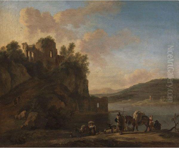 An Italianate River Landscape With Herders On A Path With Their Flock And Donkeys, Classical Ruins On A Hilltop Beyond Oil Painting by Jan Asselyn