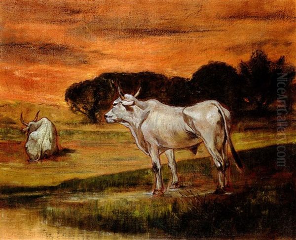 Tramonto Con Buoi Oil Painting by Giovanni Fattori