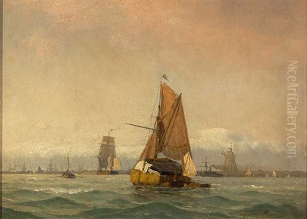 Segelschiffe Und Dampfer Vor Hafeneinfahrt Oil Painting by Viggo Fauerholdt