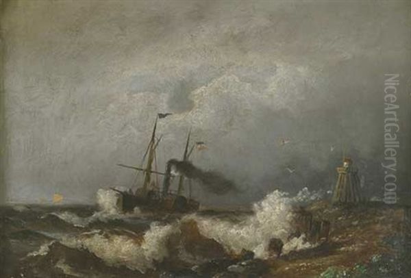 Marineschiff Des Deutschen Reichs Bei Rauher Brandung Auf Der See Oil Painting by Viggo Fauerholdt