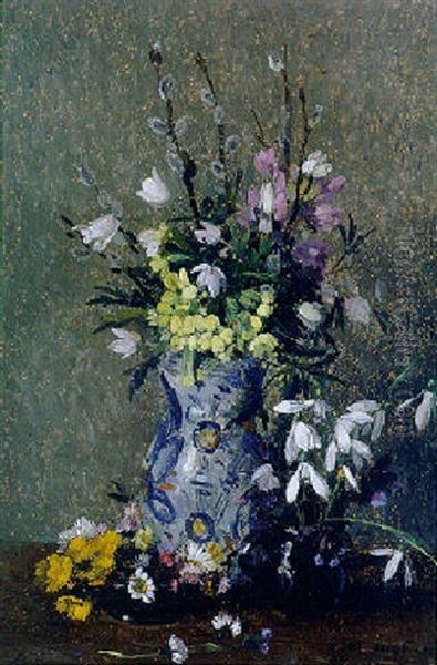 Fruhlingsstrause In Fayence-vase, Henkelkrugchen Und Kleiner Schale Oil Painting by Amandus Faure
