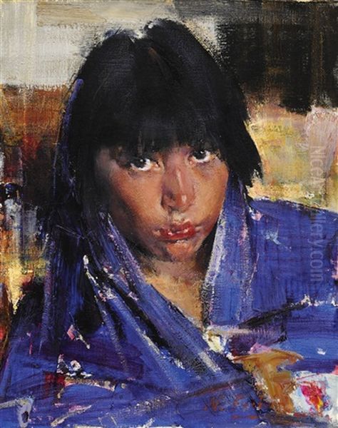 Indian Girl With Blue Shawl Oil Painting by Nicolai Ivanovich Fechin