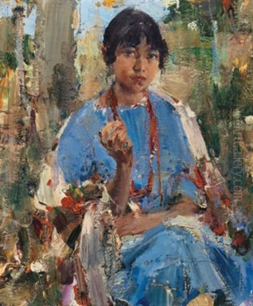 Indian Girl In Blue Dress Oil Painting by Nicolai Ivanovich Fechin