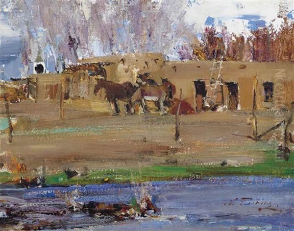 Horses Before An Adobe Oil Painting by Nicolai Ivanovich Fechin