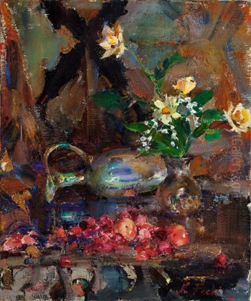 Still Life With Cherries, Pitcher, And Bouquet Oil Painting by Nicolai Ivanovich Fechin