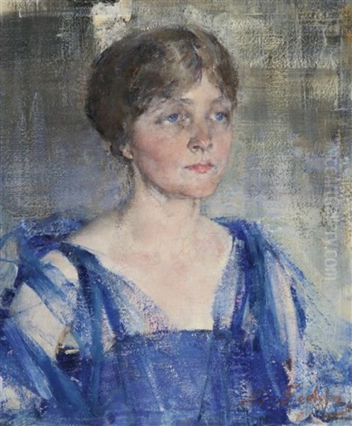 Portrait Of A Woman In Blue Oil Painting by Nicolai Ivanovich Fechin
