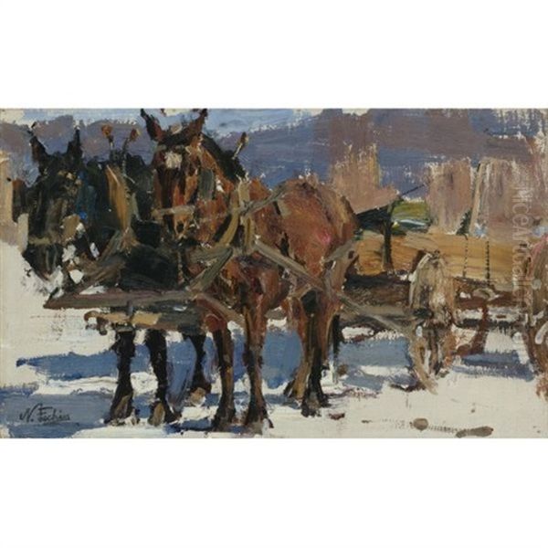 Team And Wagon Oil Painting by Nicolai Ivanovich Fechin